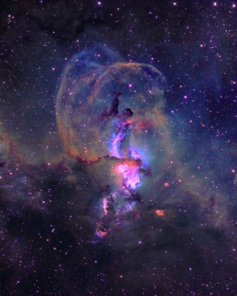 Located in Carina and not far from the Southern Cross, NGC 3576, with those sweeping horns of nebulosity, looks like a magnificent Ibex mountain goat. Orion Optics UK AG12 F3.8 Starlightxpress SXVR-H694, SX USB CFW, SX OAG unit + Atlas Focuser SIIHaOIII = 292 260 120min = 11.2hrs total exposure (bin 1X1) Using new Astronomik 6nm Narrowband filters -20C chip temp, flats used but no dark frames. Focal length 1120mm Image scale 0.84"/pix Guide Camera: Starlightxpress Lodestar Orion Nebula, Hubble Images, Nebula Marvel, Nebula Tattoo, Nebula Painting, Hubble Pictures, Nebula Wallpaper, Helix Nebula, Carina Nebula
