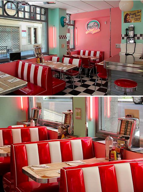 Fifties Diner Decor, Lolypops Ideas, 50s Style Diner, 50’s Diner, 1950s Diner Aesthetic, Diner Bathroom, Retro Diner Decor, American Diners, Retro Basement