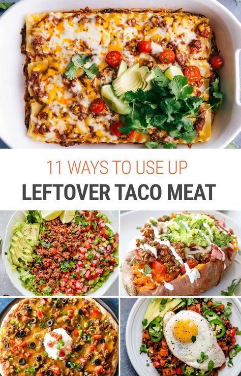 What to do with leftover taco meat? We show you 11 delicious ideas for using up ground beef, chicken or turkey in dishes like taco enchiladas, nachos, taco salads, casseroles, taco pizza and more. #tacomeat #taco #groundbeef #meatsauce #groundmeat #texmex #enchiladas #nachos #tacopizza #taco #instantpot Meals Using Taco Meat, What To Do With Left Over Cooked Ground Beef, Taco Meat Dishes, What To Do With Left Over Taco Meat Beef, Chicken Taco Meat Leftovers, Taco Leftovers Ideas, Ground Taco Meat Recipes, Ground Beef Leftover Recipes, Leftover Chicken Taco Meat Recipes