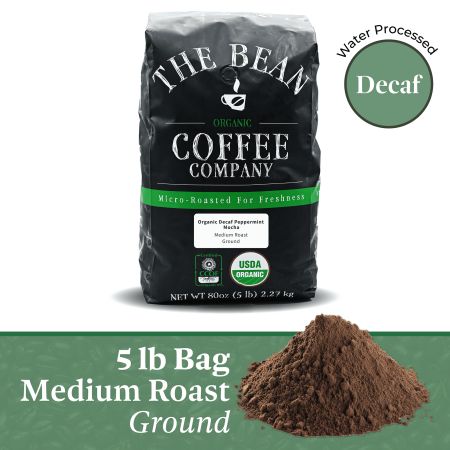 Peppermint Mocha organic decaffeinated ground medium roast is a blend of Yemen Mocha and Java Arabica that's infused with the flavor of peppermint for a delicious chocolatey mocha taste -- perfect for sharing on a crisp evening near a warm fire. Like all coffees from The Bean Coffee Company, this 100% Arabica coffee is hand roasted in small batches and packaged at the peak of its cycle to preserve its natural flavors and fresh-roasted quality. The Bean Coffee Company uses 100 percent organic and French Roast Coffee, Caramel Treats, Organic Coffee Beans, Coffee Treats, Chocolate Macadamia, Flavored Coffee, Ground Coffee Beans, Chocolate Malt, Natural Coffee