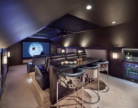 Home theatre Home Theater Room Design, Theater Room Design, Home Cinema Room, Home Theater Setup, At Home Movie Theater, Attic Renovation, Attic Remodel, Home Theater Rooms, Home Theater Projectors