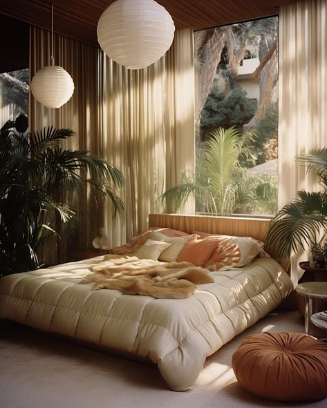 1970s Palm Springs luxury 🧡🌴 • • • • (AI images — MJ 5.2) #70sinterior #1970sinterior #70saesthetic #1970s #70svibes #70snostalgia #70sdecor #70s #vintage #interiordesign #homedecor #luxuryhomes Vintage 60s Room Aesthetic, Retro Inspired Room, 80s Palm Springs, Cozy 70s Bedroom, 1970s Palm Springs, 70s Revival Interior, 80s Luxury Bedroom, Vintage 1970s Home Decor, 70s Inspired Interior