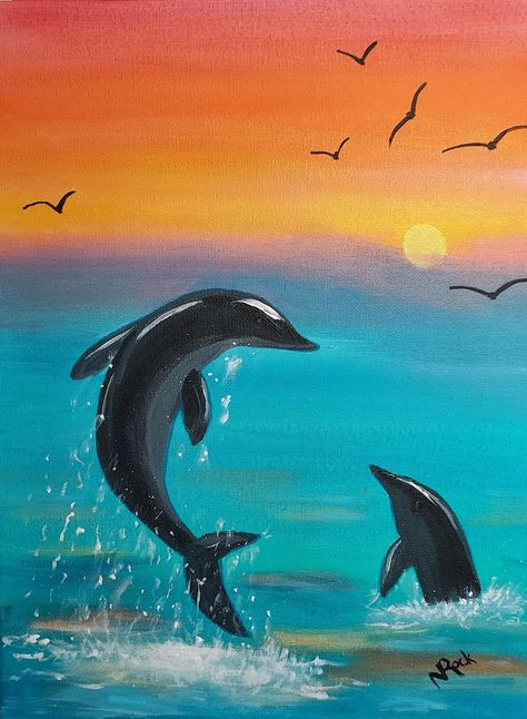 Acrylic painting by Nancy with Happy Art Acrylic Painting Dolphin, Dolphins Acrylic Painting, Dolphin Painting Ideas, Marine Life Painting Acrylic, Ocean Scenery Paintings, Easy Dolphin Painting, Swan Painting Easy, Painting Ideas Turtle, Ocean Paintings Easy