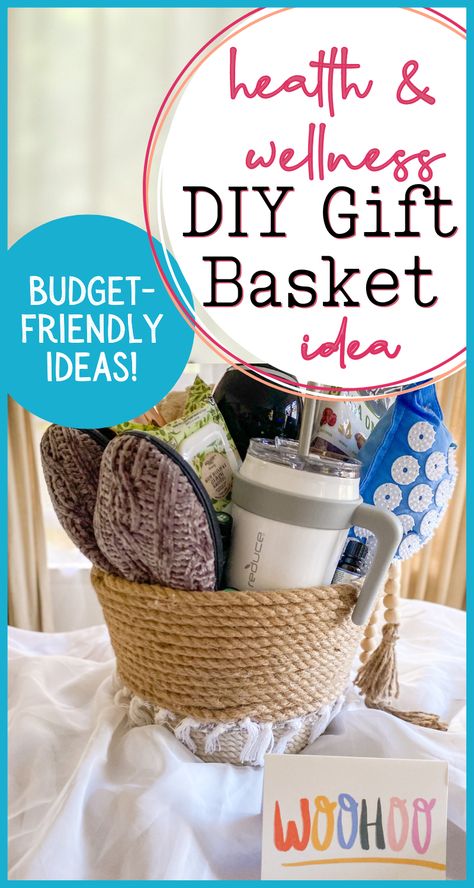DIY gift basket for birthday, Christmas, any occasion! Ideas to support a healthy lifestyle, fitness lover, overall wellness, spa and pampering, and self-care! Budget-friendly suggestions included! Spa Basket For Mom, Spa Theme Gift Basket Ideas, Beauty Raffle Basket Ideas, Beauty Basket Gift Ideas Diy, Gift Basket Ideas For Women Self Care, Spa Day Gift Ideas, Spa Themed Gift Basket Ideas, Spa Day Basket Ideas Diy, Spa Gift Bag Ideas For Women