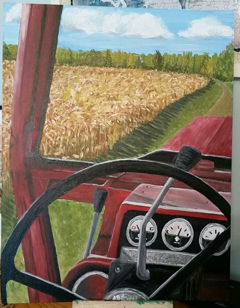 Perspective farm tractor original acrylic painting by Tracy Lovell Easy Tractor Painting, Cattle Paintings On Canvas, Tractor Watercolor Paintings, Tractor Art Painting, Tractor Acrylic Painting, Farm Truck Painting, Agriculture Art Gcse, Tractor Painting Canvas Easy, Acrylic Farm Painting