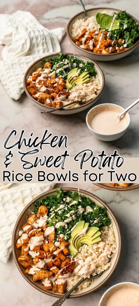 A delicious and nutrient-dense recipe for roasted chicken and sweet potato rice bowls topped with roasted chicken breast, roasted sweet potatoes, massaged kale, crumbled feta cheese, avocado, and a creamy chipotle sauce. This is a small batch recipe that makes two chicken and sweet potato rice bowls. #chickenricebowls #chickenkalebowls #sweetpotatobowl #healthyrecipeideas #healthydinnerideas #recipesfortwo #smallbatchrecipes Recipe For Roasted Chicken, Chicken And Kale Recipes, Mediterranean Sweet Potatoes, Two Aesthetic, Potato Bowl Recipe, Mediterranean Chicken Bowl, Rice Bowls Healthy, Potato Bowls, Sweet Potato Salad Recipe