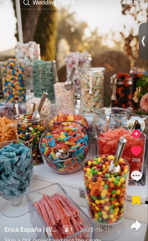 Candy Treat Table Ideas, Candy Bar Ideas For Quinceanera, Wedding Ideas Candy Bar, Sweets Station Party, Candy Bar Engagement Party, Wedding Lolly Buffet, Candy Dessert Table Ideas, Easy Candy Bar Table, Treat Bar Ideas Parties