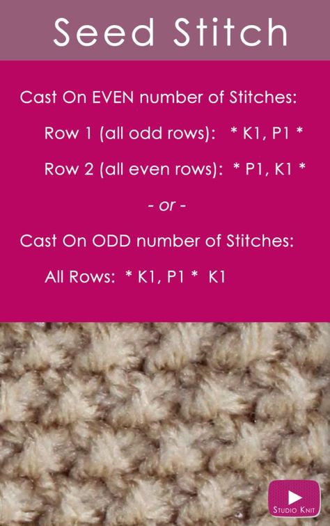 How to Knit the Seed Stitch Pattern with Studio Knit Studio Knit, Crochet Knit Stitches, Knitting Stiches, Knitting Instructions, Knit Crafts, Seed Stitch, How To Purl Knit, How To Knit, Knit Stitch Patterns