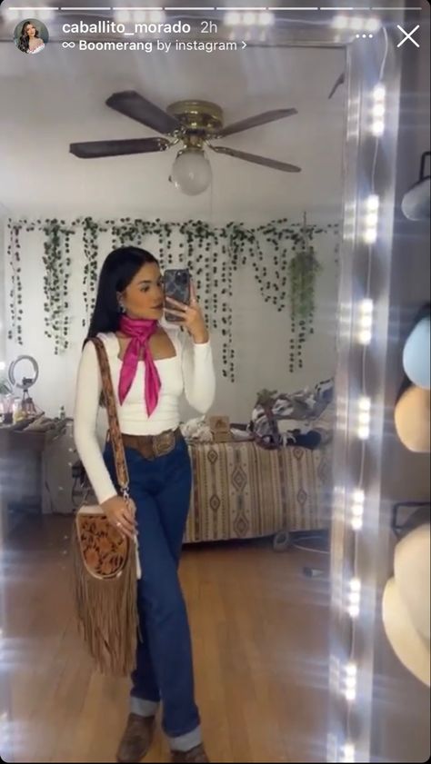 Western Outfit With Scarf, Western Outfits With Scarf, Outfits For Mexico Ranch, Outfits With Wild Rags, Casual Vaquera Outfits, Shein Western Outfits, Modest Cowgirl Outfits, Rodeo Outfits For Women Winter, Modest Western Outfits