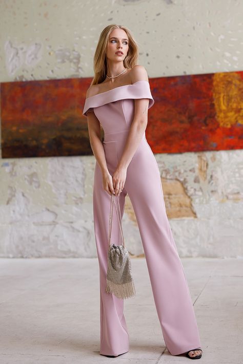 Experience romantic vibes with our Dusty Pink Off-the-Shoulder Jumpsuit. The delicate off-the-shoulder neckline and muted pink shade make it a charming choice for date nights and special events. #dustypink #stylish #jumpsuits #jumpsuit #offtheshoulder #formaloutfit #fashion #womenwear #womenfashion #womenstyle #chic #sophisticated Sparkly Pink Jumpsuit, Pink Bridesmaid Jumpsuit, Pink Jumpsuit Formal, Graduation Ceremony Outfit Guest, Pink Jumpsuit Outfit Classy, Graduation Dress Pink, Dusty Pink Outfit, Pink Jumpsuit Outfit, Stylish Jumpsuits For Women