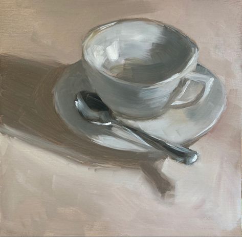 Teacup Still Life, Teacup Oil Painting, Alla Prima Still Life, Still Lifes Paintings, Still Life Aesthetic Painting, Painting Of Coffee Cup, White Paintings Aesthetic, Oil Still Life Painting, Teacup Reference