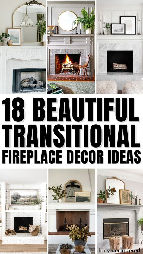 18 Beautiful Transitional Fireplace Decor Ideas Upcycling, Fireplace Mantel Update, 2024 Mantle Decor, How To Dress A Fireplace, Mantel Piece Decor, Everyday Mantle Decor Modern, Above The Mantle Decor, Fireplace Mantel Styling Ideas, Traditional Mantel Decorating Ideas