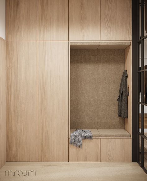 Wardrobe Entrance Hall, White Oak Mudroom Bench, Mudroom Wood Wall, Modern Coat Closet Entryway, Hidden Mudroom Entryway, Modern Boot Room, Entry Wardrobe Ideas, Mudroom Joinery, Japandi Media Wall