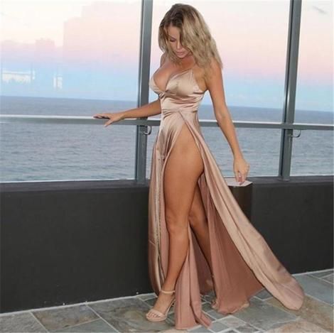 Satin V Neck Split Dress Golden Decoration, Satin Evening Gown, American Dress, Satin Dress Long, Dress Sleeve Length, Elegant Maxi Dress, Sling Dress, Split Dress, Satin Maxi Dress