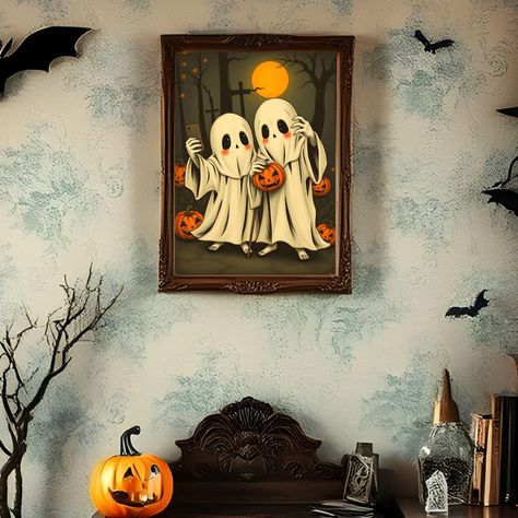 Introducing our whimsical "Ghostly Selfie on Halloween Night" artwork, a delightful scene sure to invoke smiles and spooky charm! Product Features: - Adorable cartoon ghosts in charming costumes with detailed facial expressions - One ghost playfully holding a carved pumpkin, the other snapping a selfie - Spooky yet fun background featuring trees, crosses, a full orange moon, and multiple jack-o'-lanterns - Evokes a perfect blend of spooky Halloween atmosphere with a touch of humor Benefits: - Pe Charmed Costumes, Taking Selfie, Fröhliches Halloween, Orange Moon, Ghost Cartoon, Art Fantaisiste, Halloween Vintage, Halloween Printables, Halloween Night