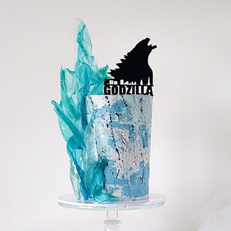 Godzilla Cake Ideas, Cake With Rice Paper Sails, Blue And Black Cake, Godzilla Birthday Cake, Cake With Rice Paper, Rice Paper Sails, Godzilla Cake, Godzilla Party, Godzilla Birthday Party