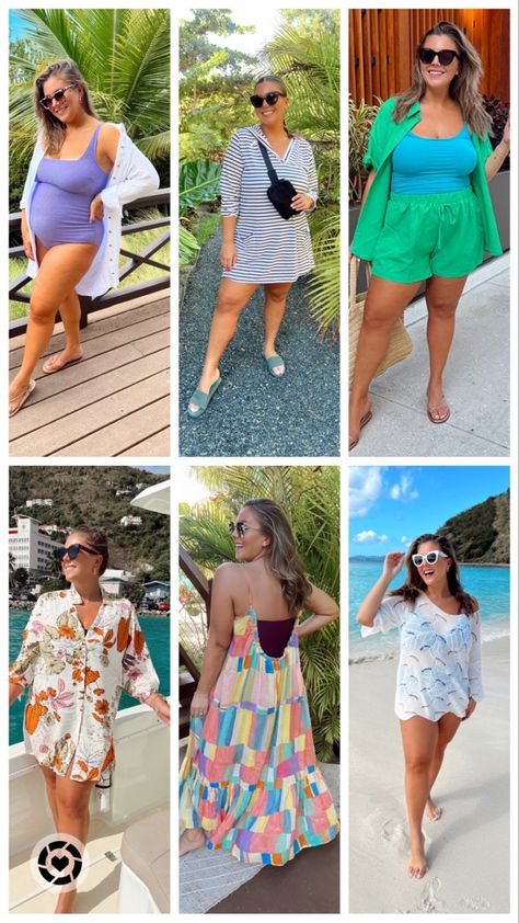 Cover ups I wore on my recebt vacation. I love that these can take me from breakfast right to the pool or beach! Comfortable and fashionable. Beach Outfit For Chubby Ladies, Curvy Girl Beach Outfit, Plus Size Resort Wear Outfits, Plus Size Beach Outfits Vacations, Plus Size Beach Cover Ups, Casual Beach Vacation Outfits, Summer Pool Party Outfit, Beach Outfits Women Plus Size, Summer Beach Vacation Outfits
