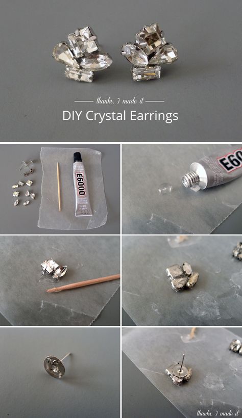 DIY Crystal Cluster Earrings  A tacky, strong glue, toothpick, wax paper, rhinestones in setting and earring backs are the materials that you need to make earrings like this: