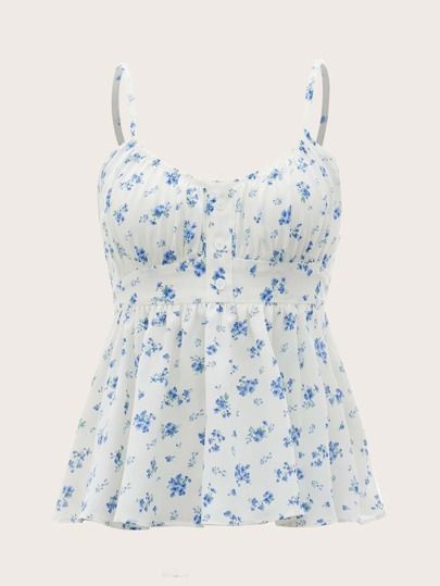 Plus-koon Muoti, Preppy Tops, Floral Cami Top, White Floral Top, Blue Floral Top, Spaghetti Strap Top, Women Tank Tops, Floral Outfit, Clothes Closet