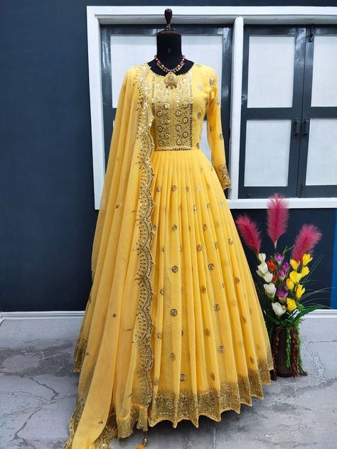 Long Anarkali Gown, Yellow Anarkali, Cotton Gown, Yellow Gown, Gown Suit, Cotton Gowns, Georgette Dupatta, Printed Gowns, Anarkali Gown