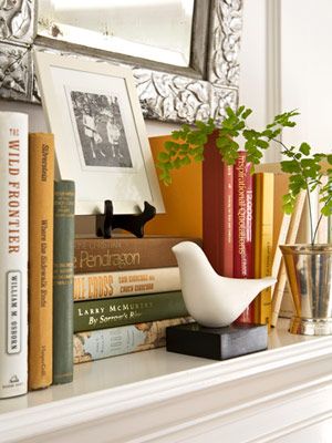 adorable white birds + books for the mantel Kitchen Mantle, Mantle Decorating, Mantle Styling, Mantle Ideas, Mantel Decorating, Stacked Books, Summer Mantle, Fireplace Mantle Decor, Mantle Shelf