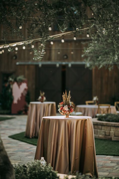 Terracotta Cocktail Tables Wedding, Khaki Table Linens Wedding, Fall Cocktail Hour Wedding, Rustic Wedding Cocktail Table Decor, Fall Wedding Cocktail Hour Decor, Gold Table Cloths Wedding, Rust And Champagne Wedding Decor, Square Cocktail Table Wedding, Champagne Table Cloths Wedding