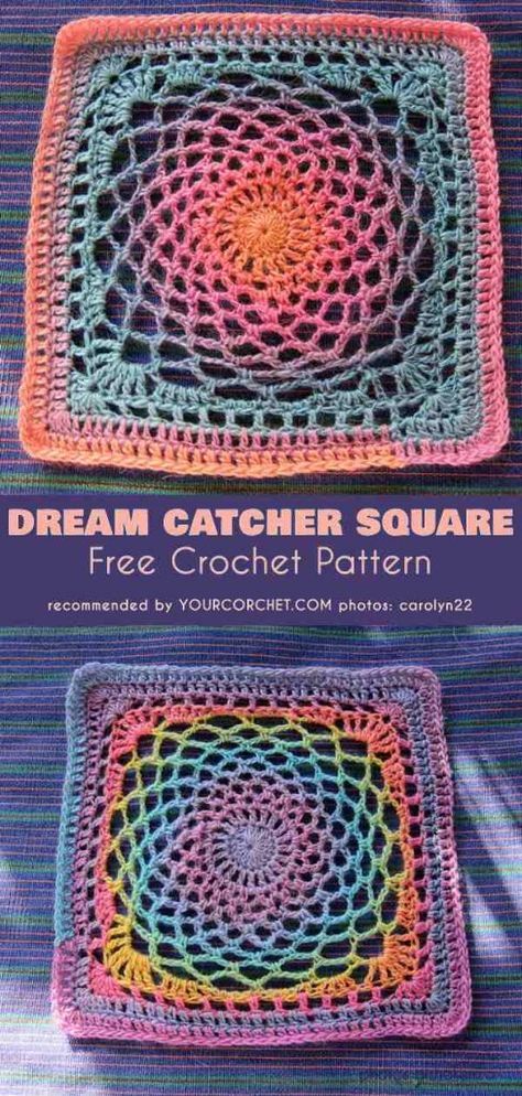 Dream Catcher Square for Blanket Free Crochet Pattern Free Form Crochet, Dreamcatcher Crochet, Granny Square Häkelanleitung, Motifs Granny Square, Granny Square Haken, Beau Crochet, Blanket Free Crochet Pattern, Crochet Dreamcatcher, Granny Square Crochet Patterns