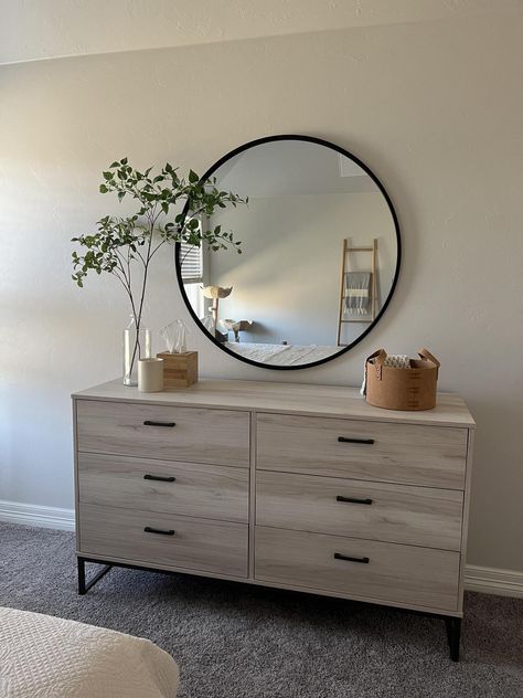 Love this dresser! It matches my west elm end tables nicely. For the price, you can’t beat it! Small Bedroom Apartment Decor, Neutral Wooden Bedroom, Home Office Inspiration Zoom Background, Modern Room Wall Decor, Simple Classy Bedroom, Bedroom With Vanity Ideas, Room Dresser Decor Ideas, Blank Wall Ideas Bedroom, Small Modern Bedroom Ideas