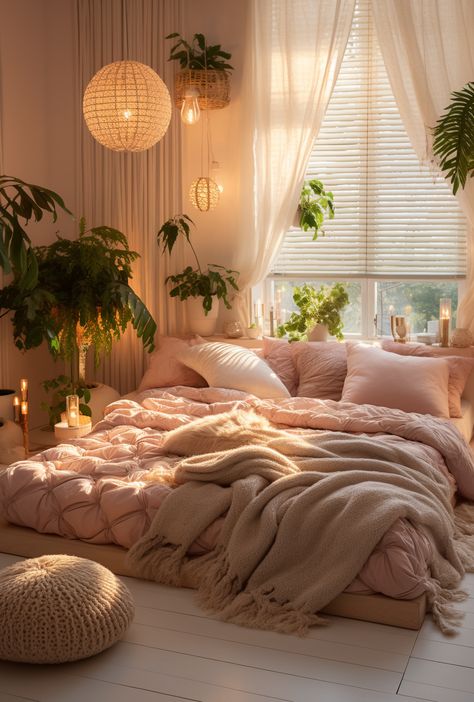 Bedroom decoration ideas, bedrooms for women are designed in a feminine, soft, cute style Pink Hygge Bedroom, Aesthetic Boho Bedroom Ideas, Room Ideas Women Bedroom, Bedroom Decor Ideas For Women Boho, Soft Romantic Bedroom, Bedroom Inspo For Small Rooms, Funky Room Aesthetic Bedroom, Makeup Area Bedroom, Girly Minimalist Bedroom