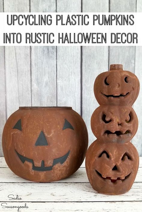 Rustic Halloween Decor is easier than you think with this upcycling idea from Sadie Seasongoods. She gave the plastic pumpkins or pumpkin candy buckets a rust patina and makeover - from thrift store shelves to primitive Halloween decor. NOW they're called Junk-o-lanterns! Get all the DIY details at www.sadieseasongoods.com #rusticdecor #jackolanterns #plasticpumpkins #jackolanternpumpkins #rustpatina #rusteffectpaint #primitivedecor #rustydecor #candybuckets #pumpkindecor Upcycling, Amigurumi Patterns, Rustic Diy Halloween Decor, Diy Pumpkin Bucket Decor, Diy Rustic Halloween Decor, Plastic Pumpkin Bucket Makeover, Diy Plastic Pumpkin Makeover, Plastic Pumpkin Diy, Rustic Halloween Decor Diy