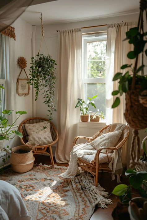 Transform your small bedroom into a natural oasis retreat with boho charm. Utilize earthy tones, cozy textiles, and plenty of greenery to create a peaceful and inviting space. Perfect for those who seek comfort and nature-inspired decor. #BohoBedroom #NaturalOasis #SmallSpaceDecor Boho Room Ideas Small Rooms, Small Bedroom Ideas Earthy, Cute Room Asthetics Ideas, Plants Boho Bedroom, Boho Room Decor Bedroom, Boho Minimalist Bedroom Small Spaces, Plant Vibes Bedroom, Big Bedroom With Sitting Area, Plant Mom Room Aesthetic