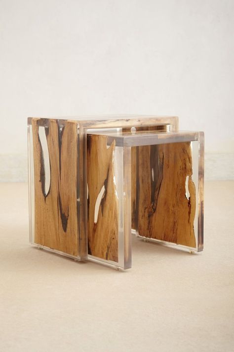 10 Unique Pairings Of Materials Revolving Around Wood - Lucite Wood Nesting Tables, Amazing Resin, Wood Resin Table, Acrylic Furniture, Nesting Table, Resin Furniture, Resin Wood, Paul Newman, Home Goods Decor