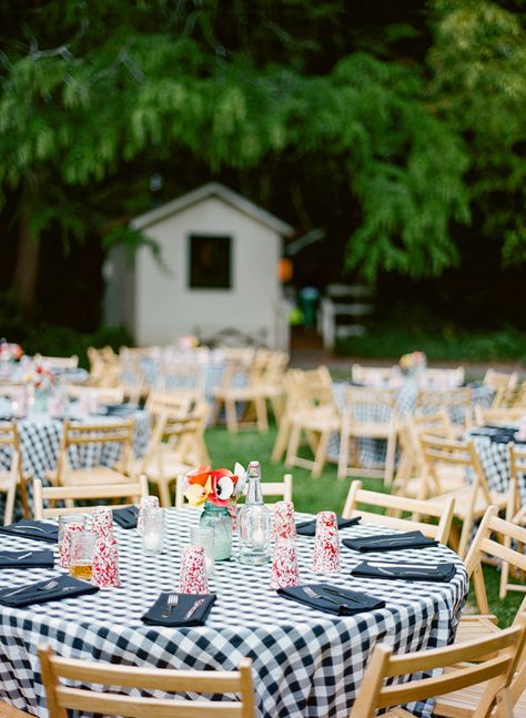 checkered table linens with wooden folding chairs for a laid-back reception or BBQ rehearsal dinner Bbq Rehearsal Dinner, Backyard Bbq Wedding, Wedding Backyard Reception, I Do Bbq, Bbq Wedding, Bbq Party, Decoration Inspiration, Backyard Bbq, Wedding Rehearsal