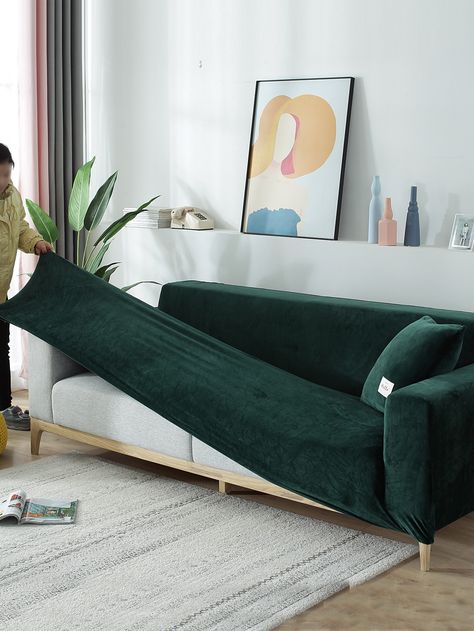 Dark Green  Collar  Polyester  Sofa Slipcovers Embellished   Home Textile Green Couch, Velvet Couch, Plush Sofa, Green Sofa, Furniture Slipcovers, Small Sofa, Large Sofa, Couch Covers, Sofa Cover