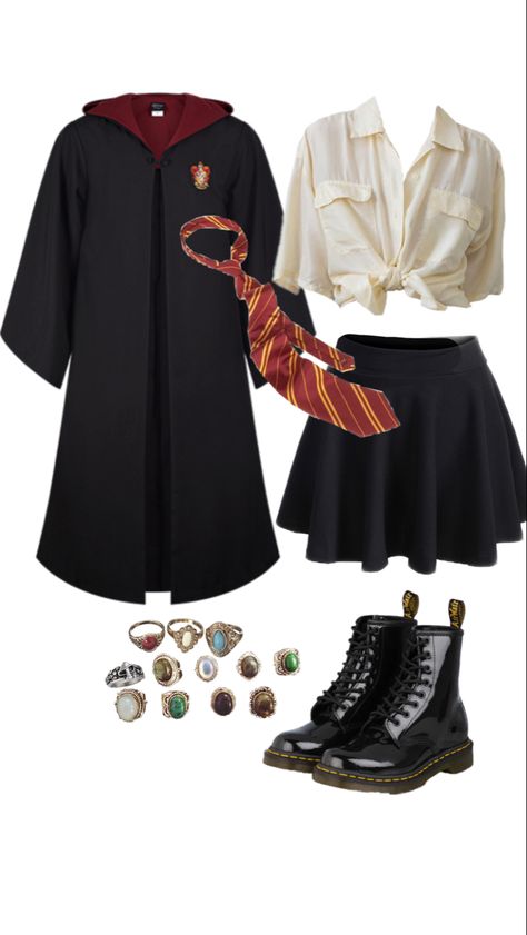 Harry Potter Griffoendor Outfits, Shifting Outfits Ideas Harry Potter, Hogwarts Inspired Outfits Gryffindor, Gryffindor Uniform Female Aesthetic, Gryffindor Party Outfit, Grifindor Aestethic Outfits, Gryffindor Aesthetic Uniform, Hogwarts Party Outfit, Grifindor Outfit