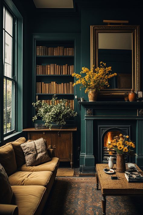 a dark green living room with mustard velvet sofa, vintage coffee table and fire lit Moody Green Living Room Walls, Dark Green Living Room, Green Living Room, Dark Green Walls, Dark Living Rooms, Sofa Lounge, Interior Design Per La Casa, Bed Design Modern, Cosy Spaces