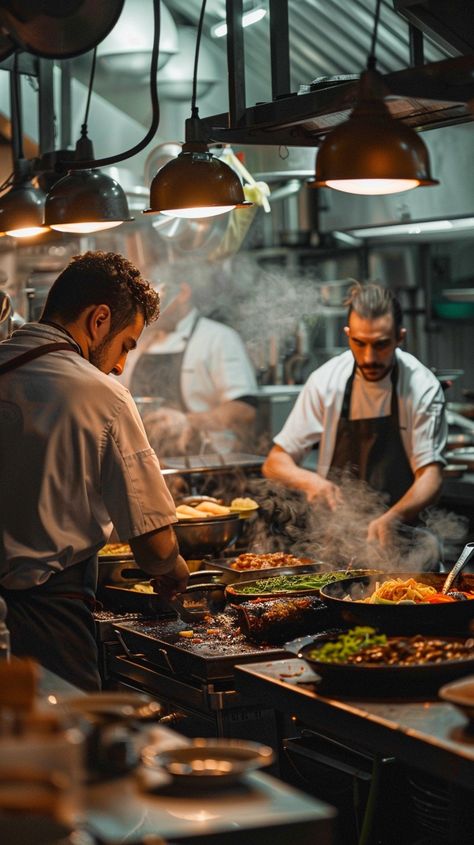 Chefs Preparing Meal: Professional chefs focused on cooking and preparing delicious dishes in a busy, bustling restaurant kitchen. #chef #cooking #kitchen #professional #meal #aiart #aiphoto #stockcake ⬇️ Download and 📝 Prompt 👉 https://ayr.app/l/N4iZ Cooking Aesthetic Restaurant, Aesthetic Restaurant Kitchen, Men Cooking Photography, Chef In Kitchen Photography, Busy Restaurant Aesthetic, Cooking Aesthetic Photography, Man Cooking Photography, Cooking Show Set Design, Restaurant Kitchen Aesthetic