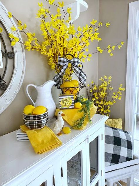 I've included lots of faux lemons and forsythia in this year's spring decor.  I love the bright yellow colour of both of them and in these... Small Kitchens, Spring Refresh Home, Spring Porch Decor Farmhouse Style, Lemon Kitchen Decor, Lemon Kitchen, Geek Decor, Yellow Decor, Spring Summer Decor, Lemon Decor