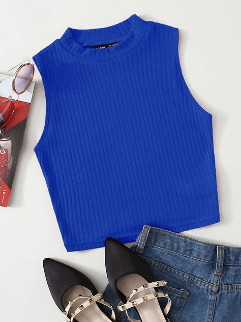 Knit Crop Top Outfit, Royal Blue Shirt Outfit, Royal Blue Top Outfit, Blue Crop Top Outfit, Cropped Tank Top Outfit, Blue Tank Top Outfit, Blue Top Outfit, Western Outfits Men, Tank Top Outfit