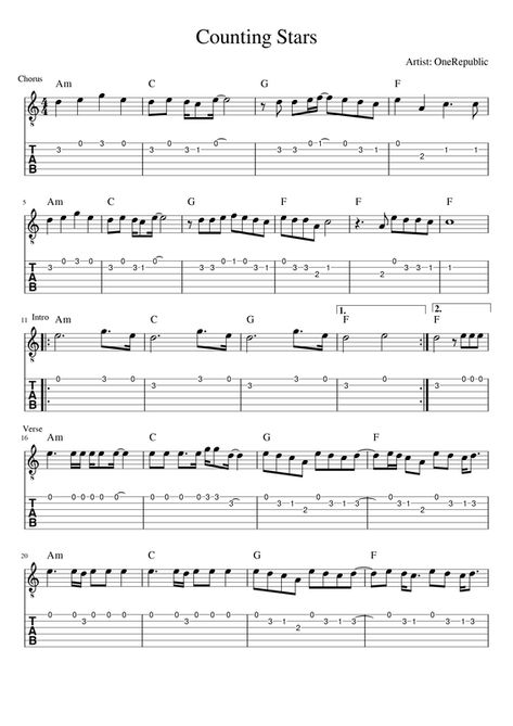 Counting stars - free easy guitar melody lesson and tabs for beginner Songs For Guitar Easy, Guitar Melody Tab, Guitar Plucking Songs, Classic Rock Guitar Tab, Brazil Declan Mckenna Guitar Tab, Easy Fingerstyle Guitar Tab, Guitar Tabs Songs Easy, Easy Tabs For Guitar, Beginner Guitar Tabs Songs