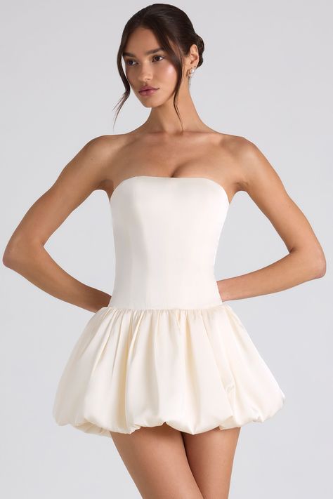 Lace-Up Bubble Hem Corset Mini Dress in Ivory Fishtail Skirt, Bubble Hem, Strapless Corset, Bubble Skirt, Dress Bra, Bubble Dress, Corset Mini Dress, Lace Pink Dress, Ruffles Fashion