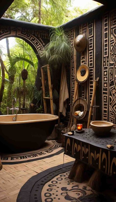 African Influence Interior Design, Indonesian Decor Interiors, Afrocentric Bathroom Decor, Afrocentric Home Decor Interior Ideas, Cuban Homes Interior, Nigerian Home Design, Afro Bohemian Bathroom, Ghana Home Decor, African Luxury Homes