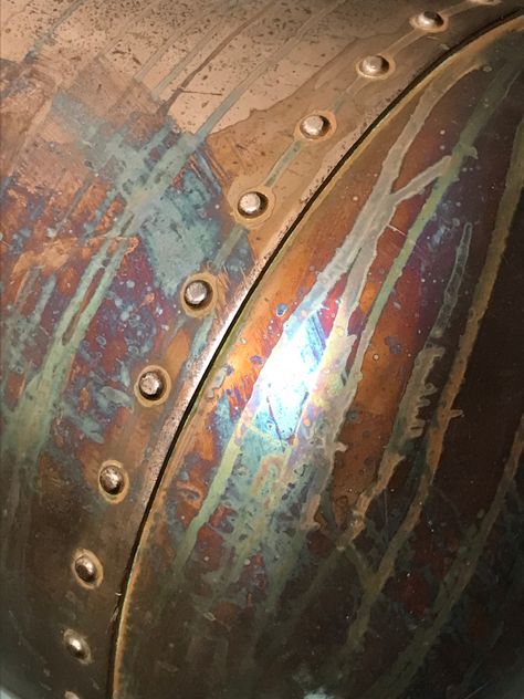 The oxidation happening on this copper tank higlights the warmth and character that I love so much about copper and brass Copper Patina Aesthetic, Oxidized Copper Aesthetic, Copper Oxidation, Copper Armor, Copper Aesthetic, Bronze Dragon, Aged Copper, Oxidized Copper, Copper Patina