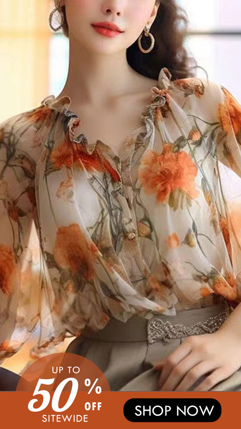 10% off first order Free shipping on orders over $100 Ruffle Blouse Designs, French Orange, Chiffon Blouses Designs, Sheer Outfit, Girly Tops, Wearable Art Fashion, Printed Chiffon Blouse, Women Chiffon Blouse, Chiffon Blouses