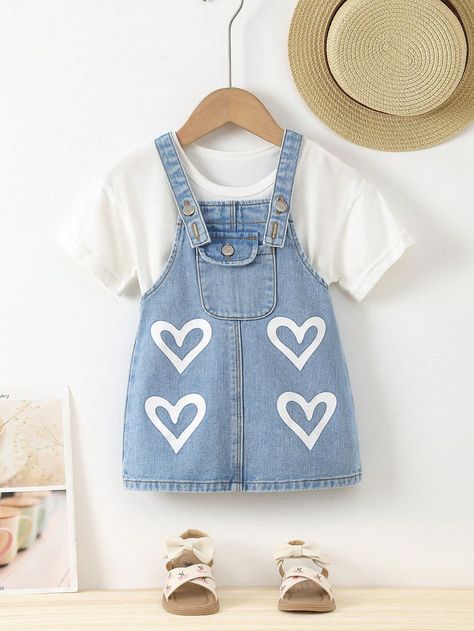 Light Wash  Collar Sleeveless Denim Heart Romper Embellished Non-Stretch  Baby Girls Clothing Baby Dress Clothes, Denim Pinafore Dress, Toddler Designer Clothes, Salopette Jeans, Baby Jeans, Denim Overall Dress