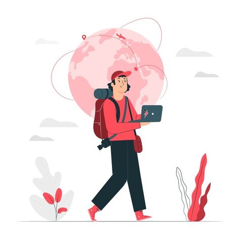 Digital nomad concept illustration | Free Vector #Freepik #freevector #travel #technology #digital #internet Illustration Technology, Free Time Activities, Travel International, Png Illustration, Digital Literacy, Find Cheap Flights, Cartoon Girl Drawing, Cave Paintings, Travel Illustration