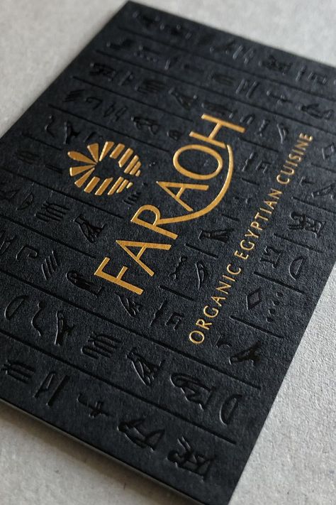 Antique gold foil logo and gloss black foil printed hieroglyphics on black card. Gold Foil Branding, Black Gold Packaging Design, Black And Gold Packaging Design, Gold Foil Printing, Business Card Black And Gold, Black Gold Business Card, Gold And Black Branding, Black Gold Packaging, Black And Gold Graphic Design