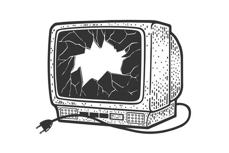 broken old tv sketch engraving vector illustration. T-shirt apparel print design. Scratch board imitation. Black and white hand drawn image. Black And White Aesthetic Illustration, Crt Tv Tattoo, Box Tv Drawing, Old Tv Sketch, Tv Drawing Aesthetic, Old Tv Reference, Tv Sketch Drawing, Tv Tattoo Retro, Tv Illustration Art