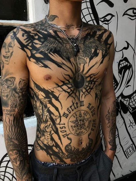 If you're looking for some inspiration for your next tattoo, or just want to see some of the most creative and well-done pieces out there, the subreddits r/tattoo and r/tattoos are the perfect places to start. Blackwork Tattoo Stomach, Across The Stomach Tattoos, Black Body Tattoo, Tattoo Stomach Ideas, Men’s Torso Tattoos, Guy Stomach Tattoos, One Piece Chest Tattoo, Whole Body Tattoo Men, Shoulder Neck Tattoo Men