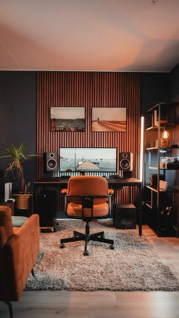 Coolest Office Spaces, Soothing Home Office, Creative Home Studio, Videographer Office, Modern Moody Office, Home Music Studio Ideas Small Spaces, Wood Wall Office, Home Office Color Palette Ideas, Green Office Aesthetic